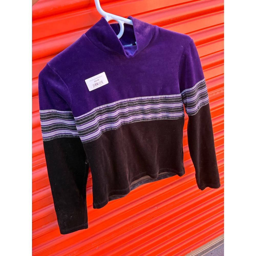 Vintage aile Velvet Mock Neck Top Purple Black Striped Velour 90s Y2K Large